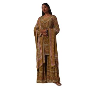 Giallo stampato Sharara in Chiffon con lavoro in pietra Kurta Designer abbigliamento etnico da donna per le feste e le occasioni di nozze - Product Image 1