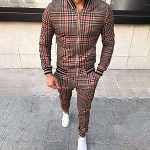 Ensemble de sport décontracté pour homme, tendance mode été, imprimé à carreaux rétro, respirant, écologique, 100% coton, pantalon droit fin, veste - Product Image 6