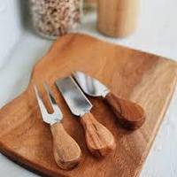 Set Pisau Keju untuk Makan Malam di Rumah dengan Gagang Kayu, Pisau Keju Stainless Steel Emas, Peralatan Panggang untuk Mentega dan Pizza