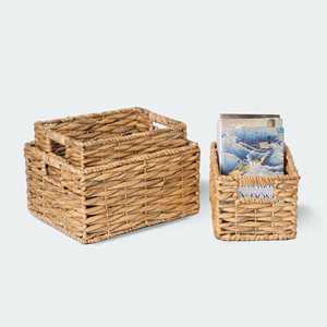 Ensemble de 6 paniers tissés en jacinthe d'eau brun clair surdimensionnés avec poignées, collection de plateaux de rangement pour l'organisation de la salle de bain - Product Image 2