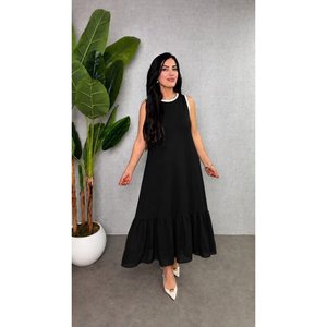 Women's Strappy Round Neck Long <b>Viscose</b> Two-Thread <b>Dress</b> with Chiffon Hem Detail, 35079 - Black - Product Image 1