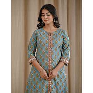 Sea Green Block Printed Aline <b>Kurti</b> Traditional Indian Ethnic Long Cotton <b>Kurti</b> for Daily Wear Parties Floral Stitched Rayon - Product Image 1