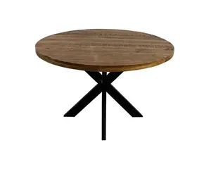 城市集体风格圆形木制豪华休息室餐桌，带十字金属黑色腿