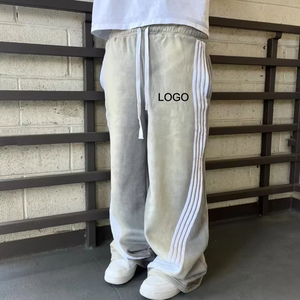 High Quality Winter Vintage <b>Spray</b> Sweat Pants Men Side Striped Wide Leg Stacked Graphic Embroidered Webbing Curved Long 100% - Product Image 3