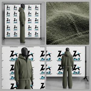 Breathable Olive Green Hooded Tracksuit Full Zipper Loose Fit 100% Cotton Solid Color Casual Autumn Wear Sweatsuit Unisex - Product Image 4