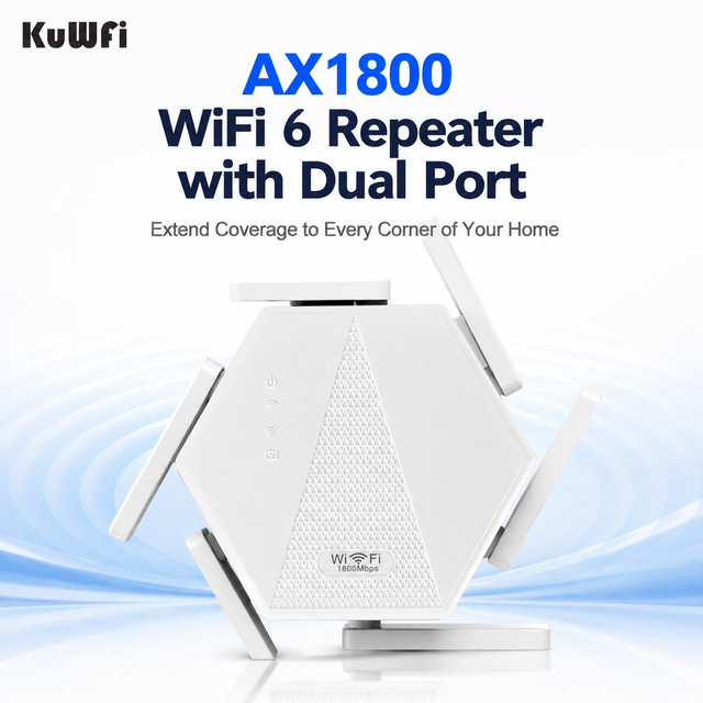 KuWFi 1800Mbps WiFi6 Dual Band WiFi Booster 6x2dBi High-Gain Antennas Strog signal Mini Indoor Wireless Repeater with Dual Port