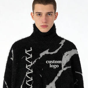 Suéter de <span class=keywords><strong>cuello</strong></span> simulado personalizado con bloques de color y jacquard, suéter casual negro de punto holgado, suéter con bajo sin rematar, suéter de moda urbana. - Product Image 3