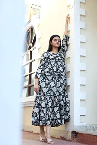 100% Cotton Monochrome Floral Midi <b>Dress</b> Black White Hand-Block Printed Tiered Boho Style Comfort <b>Fit</b> Eco-Friendly Causal <b>Dress</b> - Product Image 2