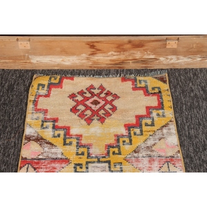 Vintage Rug, 1.9x5.1 ft Small Turkish Rug, Herki <b>Yellow</b> Red Geometric Rug - Product Image 2