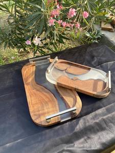 Plateau de service de luxe en bois d'acacia et résine avec poignées durables, idéal pour le café, les collations, les boissons, la cuisine, la salle à manger et le bureau - Product Image 6