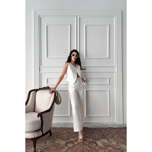 Ensemble veste et pantalon en lin pour femme, blanc, à un bouton - Product Image 5