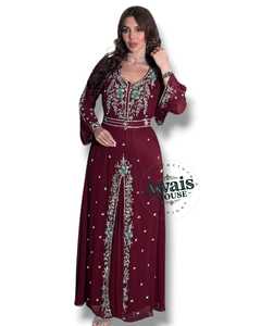 Robe Abaya Musulmane Arabe à Manches Longues Modeste Droite en Chiffon Solide avec Broderie à la Main en Fil Marocain Longueur au Sol - Product Image 2