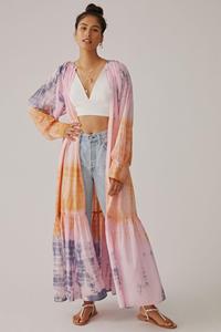 2023 Floral Tie Dye Maxi robe pour femmes décolleté en V avec manches longues 100% rayonne taille libre pour été plage tissé motif - Product Image 5