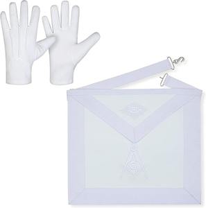 Tablier maçonnique en peau d'agneau, maître maçon, blanc, brodé, avec gants brodés (régalia haut de gamme pour les francs-maçons) - Product Image 1