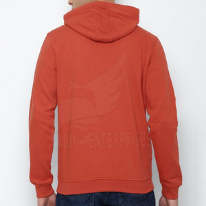 Men's <b>Orange</b> Hooded Pullover Sweatshirt Solid Color Casual Fit Front Logo Pocket Design Regular Sleeve French <b>Terry</b> Fabric - Product Image 3