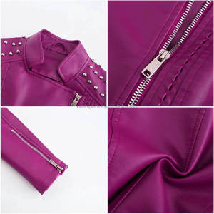 Chaquetas de mujer de cuero Magenta Slim Fit Moto estilo tachonado hombros asimétrico Zip Biker prendas de vestir exteriores con bolsillos con cremallera - Product Image 4