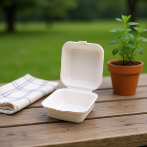 กล่องเบอร์เกอร์สีขาวแบบมีบานพับ ขนาด 6x6 นิ้ว ใช้กับไมโครเวฟได้ ทำจากชานอ้อยธรรมชาติ กล่องอาหารกลางวันแบบใช้แล้วทิ้ง - Product Image 3