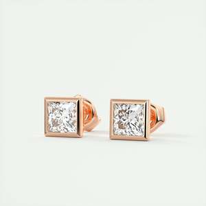 <b>Princess</b> Cut Lab Grown Diamond Earring Yellow Gold Square <b>Princess</b> Cut Stud Earring 1 + 1 Ct Bezel Set CVD Diamond Stud Earring - Product Image 3