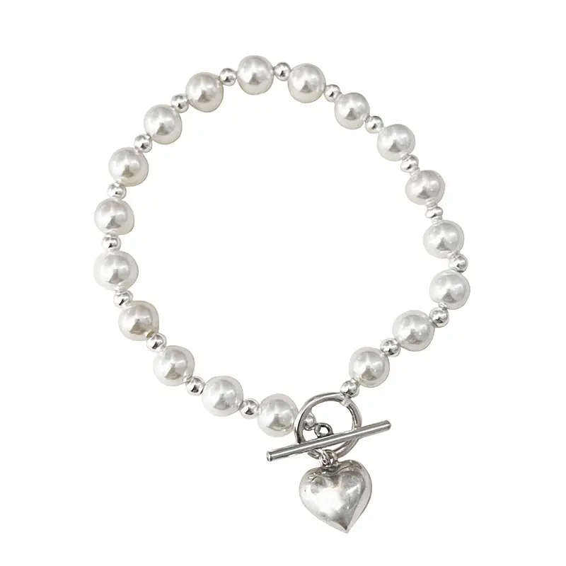 S925 sterling silver Baroque freshwater pearl shell bead bracelet women's new cold wind niche heart bracelet