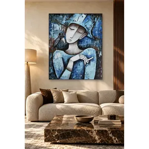 Fida Femme au chapeau bleu avec un corbeau sur l'épaule, impression sur toile - Product Image 1