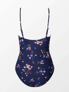 Traje de baño de una pieza azul marino para mujer con estampado floral pequeño, cuello en V profundo y tirantes finos ajustables, traje de baño para playa - Product Image 6