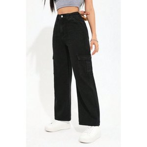 Jean cargo en denim noir taille haute pour femme, style Y2K, extensible, coupe décontractée, multi-poches, tendance, finition soignée - Product Image 3