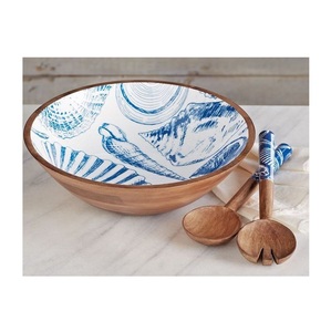 Quality <b>Enamel</b> Printed Handcrafted Wooden Serving <b>Bowl</b> for Salad Fruits with Utensils Eco-Friendly & Stylish Tableware <b>Bowl</b> - Product Image 1