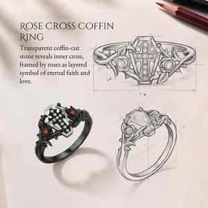 Jeulia Gothic Black Rose <b>Cross</b> Coffin Fashion <b>Ring</b> - Product Image 4