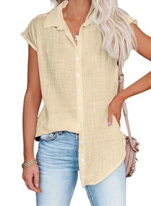 Camisa de lino y algodón para mujer, camiseta informal fina holgada para mujer, camiseta de verano de manga corta, camisetas sólidas, ropa para mujer, Blusas - Product Image 6