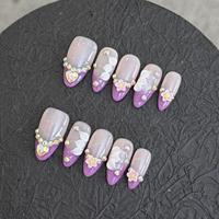 Kuku Palsu Buatan Tangan Model Pendek Almond 3D Bunga Ceri Berhias Rhinestone Lukisan Tangan Dapat Digunakan Kembali Kuku Artifisial Grosir Kustom