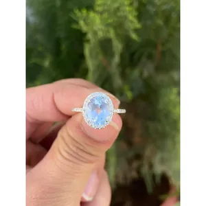 925 <b>Silver</b> Boho Romantic <b>Statement</b> <b>Ring</b> with Aquamarine Oval Cut Natural Stone Rhodium Plated Platinum for Engagement - Product Image 1