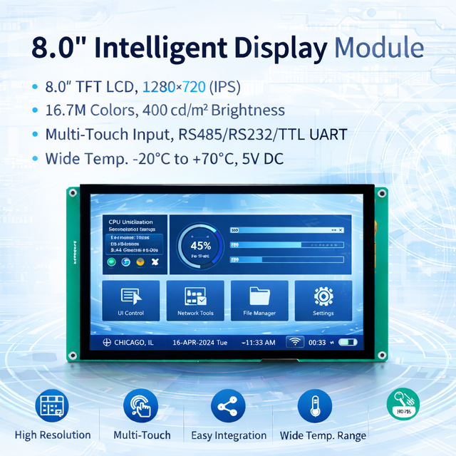 8 Inch 800*1280 UART Smart Serial Display Capacitive Touch with RS485/RS232/TTL | Medical Grade Screen for Industrial HMI