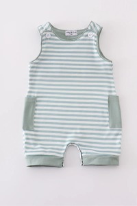 Vêtements pour enfants Jonjon Honeydew à rayures sauge barboteuse pour bébé garçon Spandex/coton lavable brodé personnalisé tenue pour bambins - Product Image 4