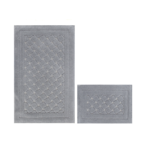 Juego de Alfombras de Baño Tejidas en Jacquard con Hilo de Algodón Reciclado Teñido, Color Gris Claro, 40x60 cm + 60x100 cm, Fabricante Turco - Product Image 1