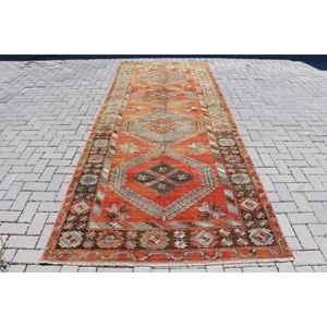 Alfombra de 4.8x12.5 pies, Alfombra Turca Vintage, Alfombra de Lana Roja - Product Image 1