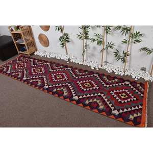 Turkish 2.9x10.6 ft Rug, <b>Runner</b> Vintage Rug, <b>Red</b> Blue Check Wool Rug - Product Image 1