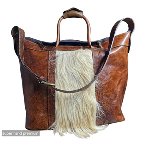 Vintage Genuine Leather Carry-on Tote Bag Fur Panel Soft Handle Zipper Closure Unisex Soft Shell Holiday Travel Bag with Drawbar - Product Image 2
