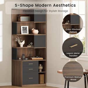 Libreria Angolare a L in Legno di Noce, Scaffale Geometrico Asimmetrico Alto con 3 Cassetti, Vetrina per Ufficio e Casa - Product Image 1