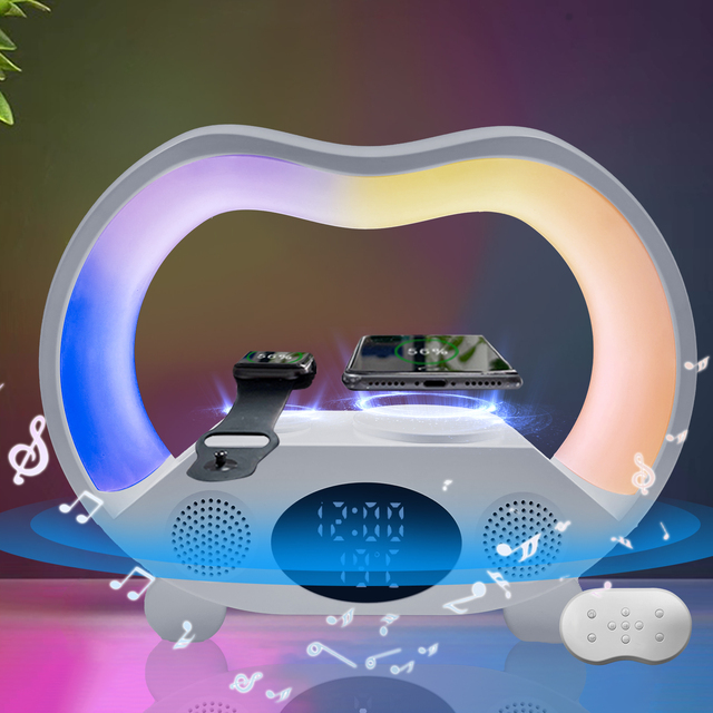 Popular Design Soft RGB Light 6in1 BT Speaker Wireless Charger 15W Fast Charging for Phone  with Alarm Time As Best Gift