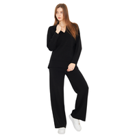 Conjunto de Suéter de Punto con Cuello en V para Mujer, Corte Holgado, Color Negro Sólido, Pantalones Largos Casuales, Transpirables, para Todas las Temporadas