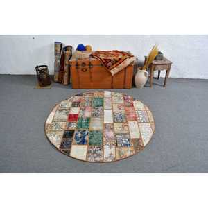 Alfombra Turca Redonda Vintage de 4.5x4.5 pies, Alfombra de Lana Azul - Product Image 2