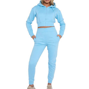Ensemble de survêtement décontracté pour femme, bleu ciel, avec sweat à capuche court et pantalon de jogging, tenue de sport athlétique, couleur unie, 100 % coton - Product Image 4