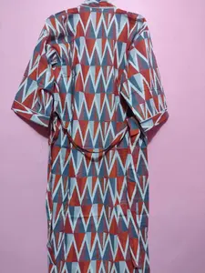 Venta caliente geométrico rojo hasta el suelo Kimono Bata para mujer Natural transpirable vestido de baño volantes decoración promoción barata - Product Image 4