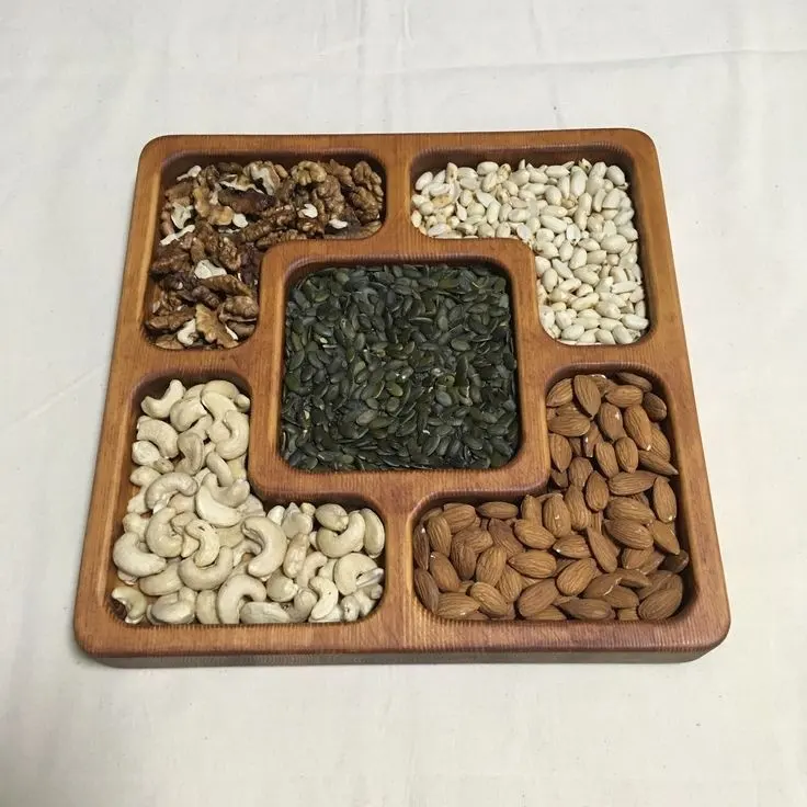 5 Compartment Dry Fruits Serving Wooden Platter Exporter Custom Decorative Food Serving Wooden Plate Dish