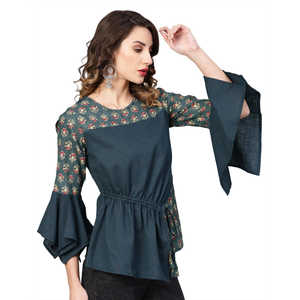 Top Regular Floral con estampado de algodón gris azulado para mujer, cuello asimétrico bordado, traje largo de primavera bonito XL - Product Image 4