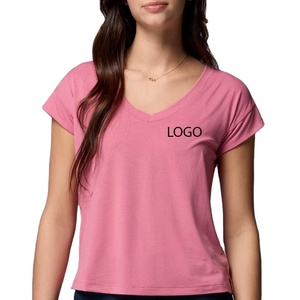 T-shirt décontracté pour femme en polyester respirant et doux avec logo personnalisé, col en V, toucher doux, haut léger pour femme - Product Image 1