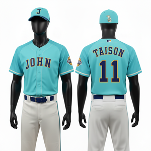 Maillot de baseball pour homme de qualité supérieure, 200 GSM, polyester interlock, bleu aqua et blanc, panneau classique en sergé, logo personnalisé, kit d'équipe - Product Image 1