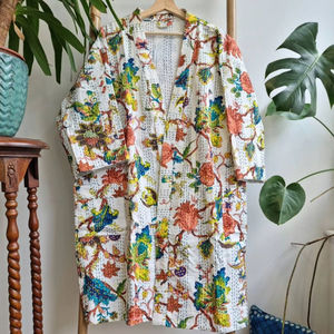 Pretty White Peach Rust Lime Exotic Tropical Floral Bloom Kantha Kimono Mujeres y niñas Verano Primavera Vestidos con conjuntos de artículos - Product Image 1