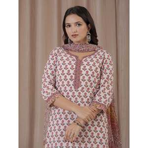 Ensemble Kurta et pantalon en coton imprimé à la main motif pêche blanche, vêtements traditionnels régionaux - Product Image 1