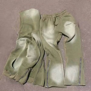 Conjunto de pantalones de chándal acampanados con capucha y lavado ácido desgastado para correr personalizados unisex, chándal en blanco con bordado de algodón de gran tamaño - Product Image 1